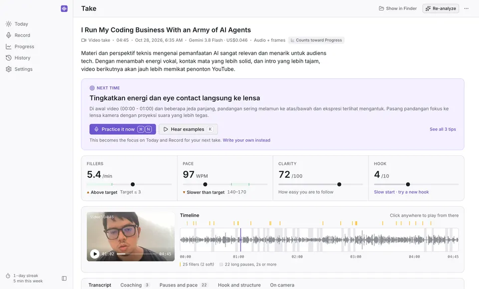 The Lugas report for a real 4 minute 45 second video take: a summary, a Next time card with one focus, and scores for fillers (5.4 per minute), pace (97 words per minute), clarity (72 out of 100), and hook (4 out of 10), above a video player and a timeline of fillers and long pauses.