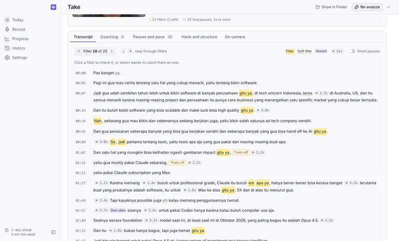 The transcript with every filler marked in amber, in Indonesian and English, with timestamps down the left.
