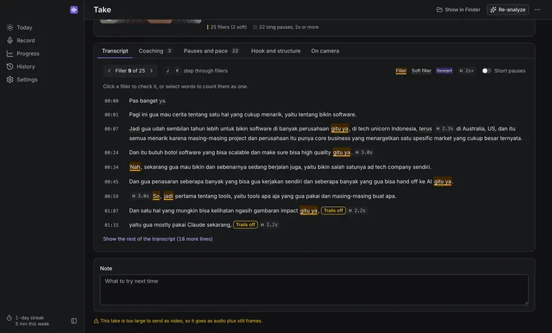 The transcript with every filler marked in amber, in Indonesian and English, with timestamps down the left.